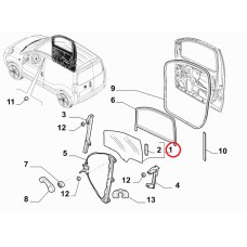 Скло передніх лівих дверей Fiorino 2007-2016, 2016-...зкраю надщербнуте , Виробник: FIAT, OE: 1353019080,